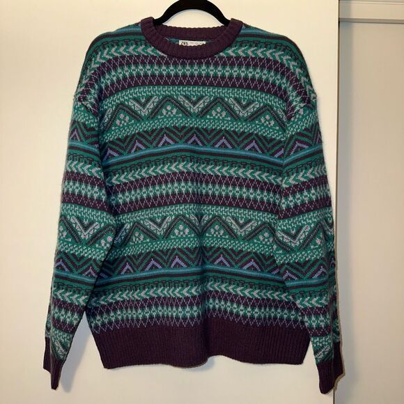 Zara Large Fair Isle Pattern Crew Neck Womens Sweater Blue Green Purple EUC - Picture 1 of 10